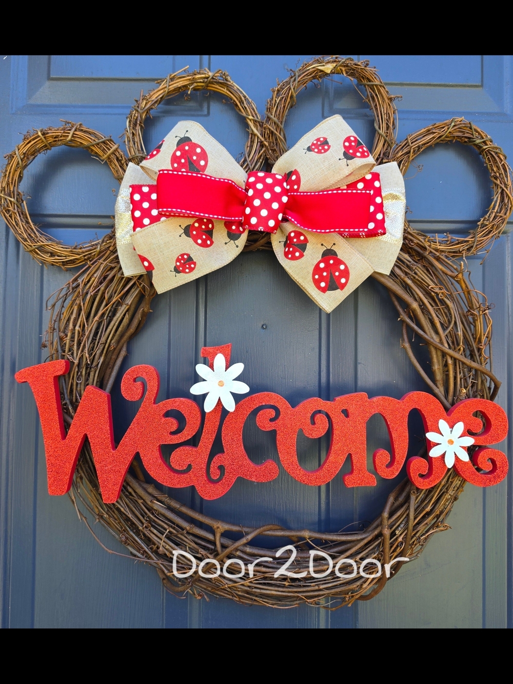Red Ladybug Welcome Dog Wreath with Bow